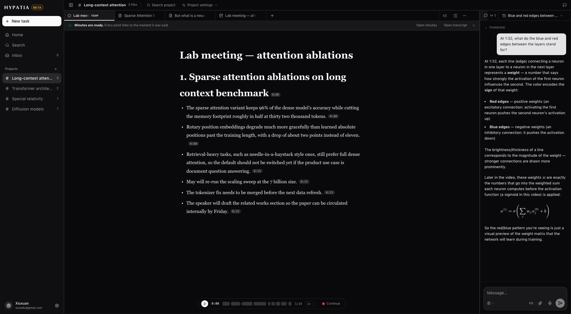 A recorded meeting: the AI-written minutes with time chips on one side, the timestamped transcript on the other, and the player at the bottom