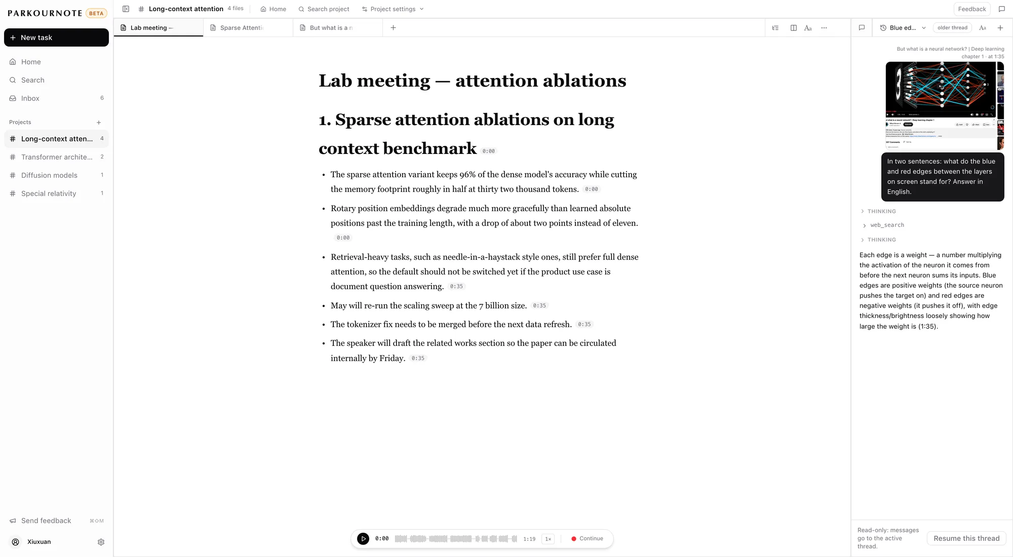 A recorded meeting: the AI-written minutes with time chips on one side, the timestamped transcript on the other, and the player at the bottom