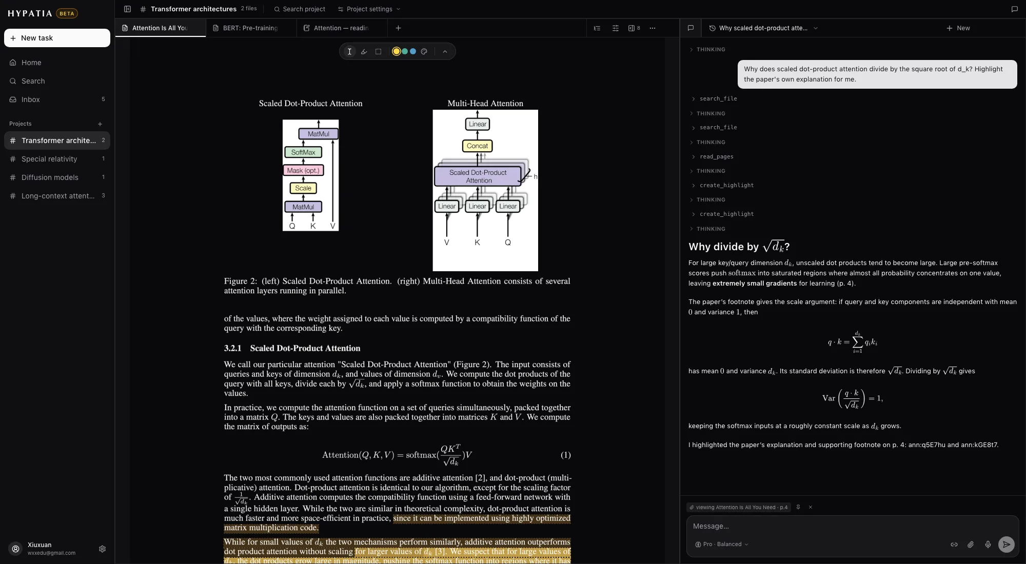 The reading pane beside a chat thread, with a highlight the assistant created on the page
