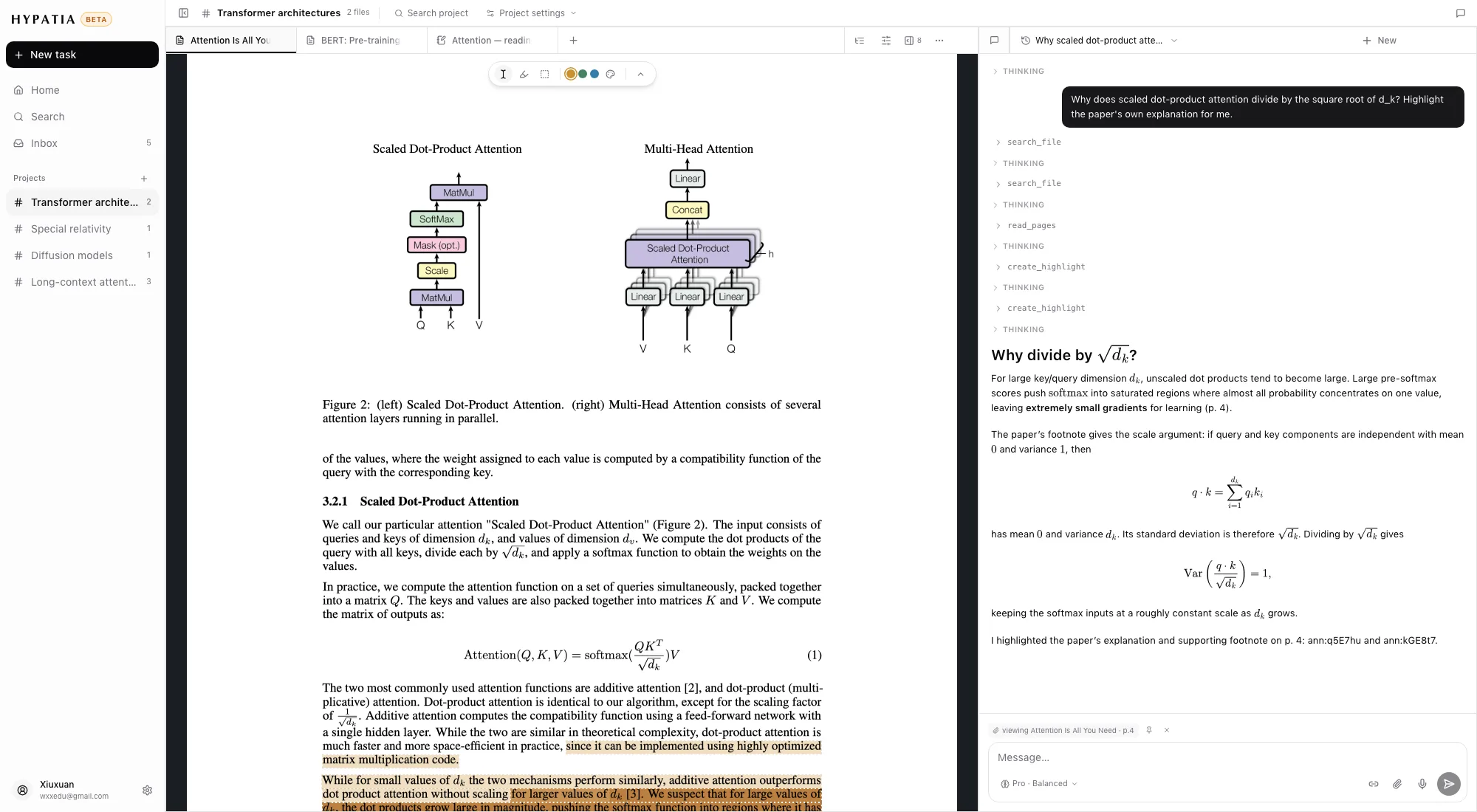 The reading pane beside a chat thread, with a highlight the assistant created on the page