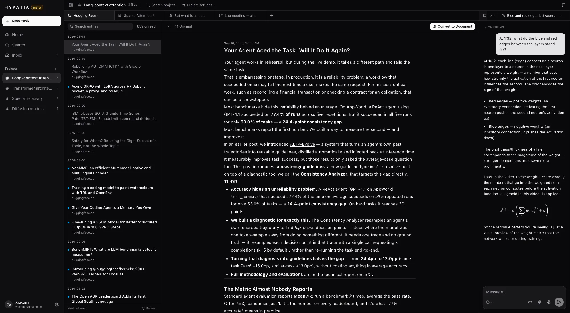 An arXiv category feed open inside a project, entries listed newest first with an entry's full text beside them