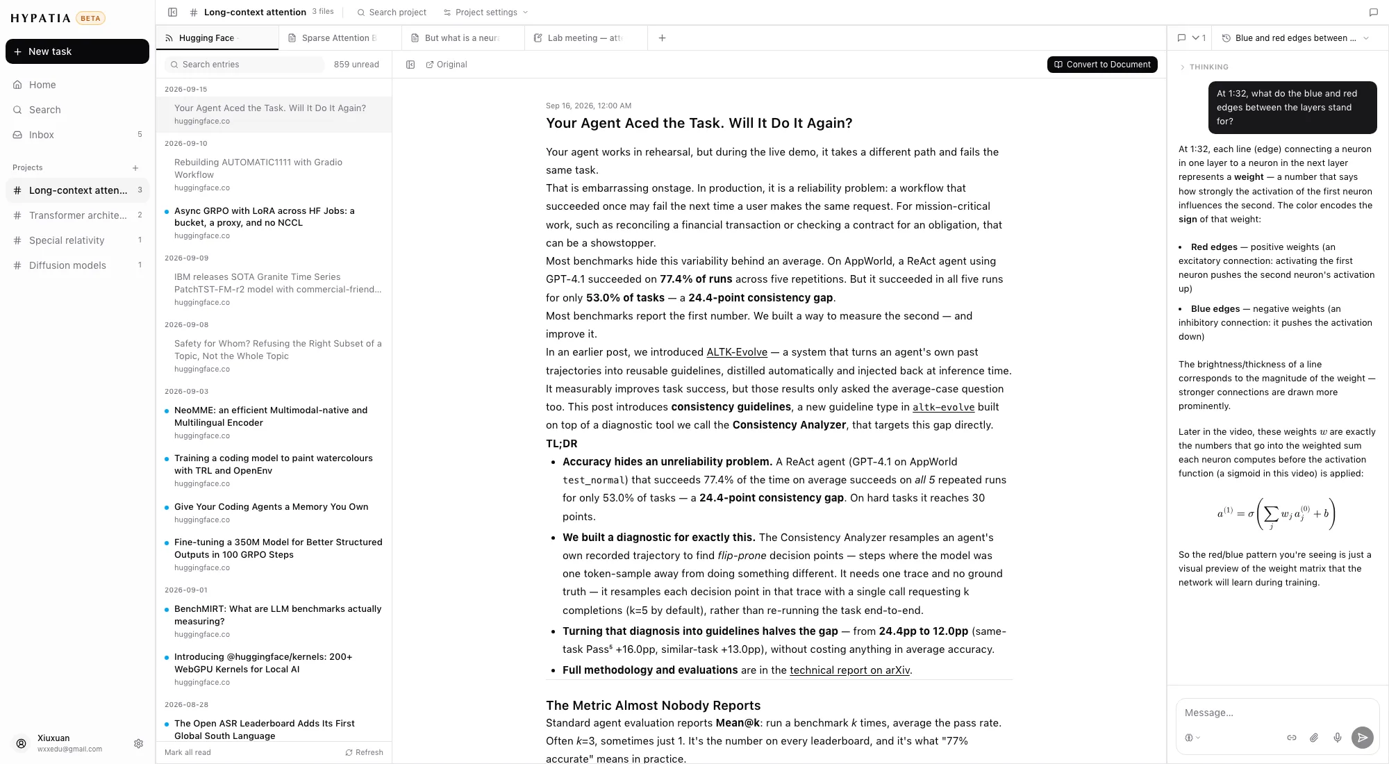 An arXiv category feed open inside a project, entries listed newest first with an entry's full text beside them
