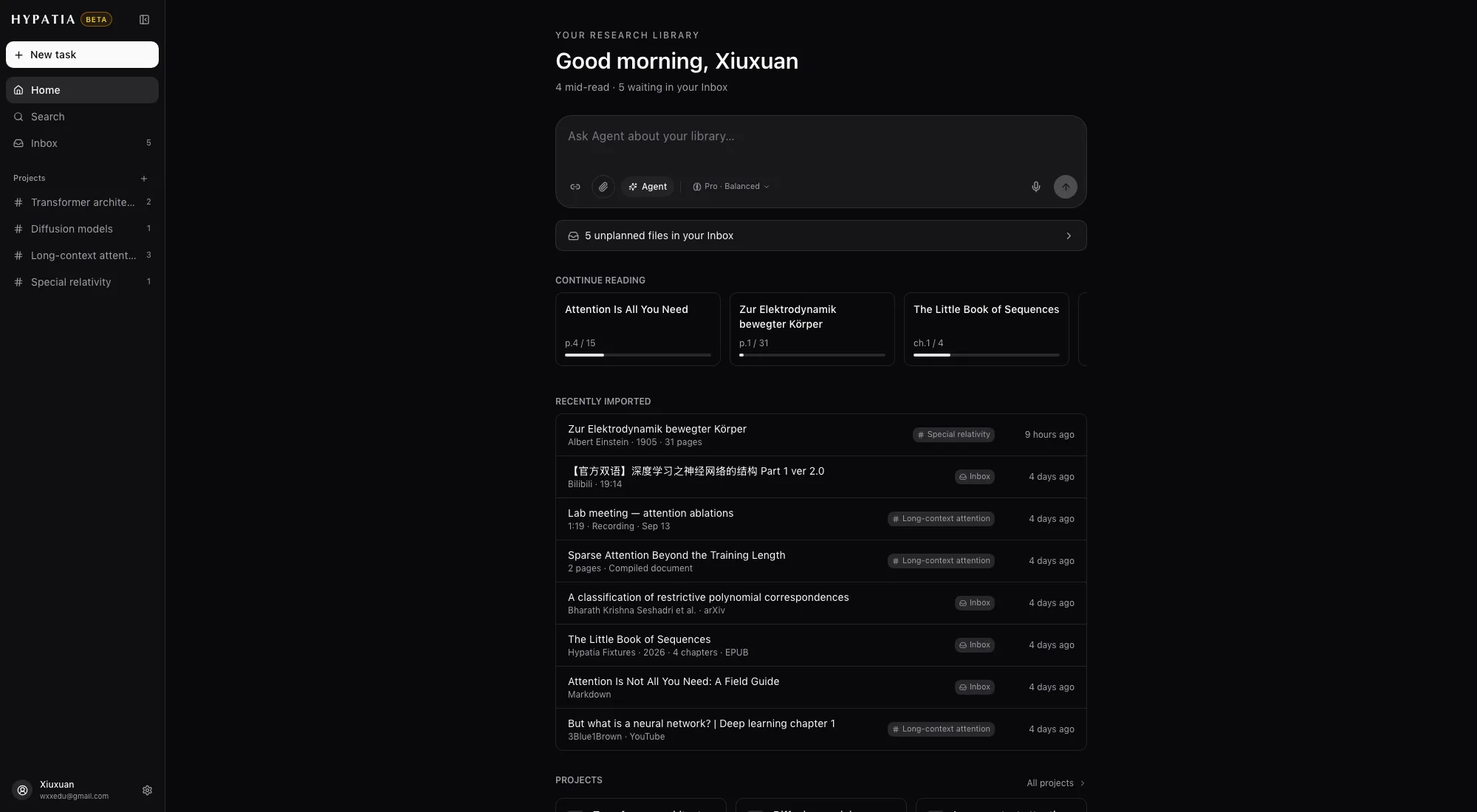 The ParkourNote library: an inbox of newly imported items — papers, a book, a clipped page — and projects down the side