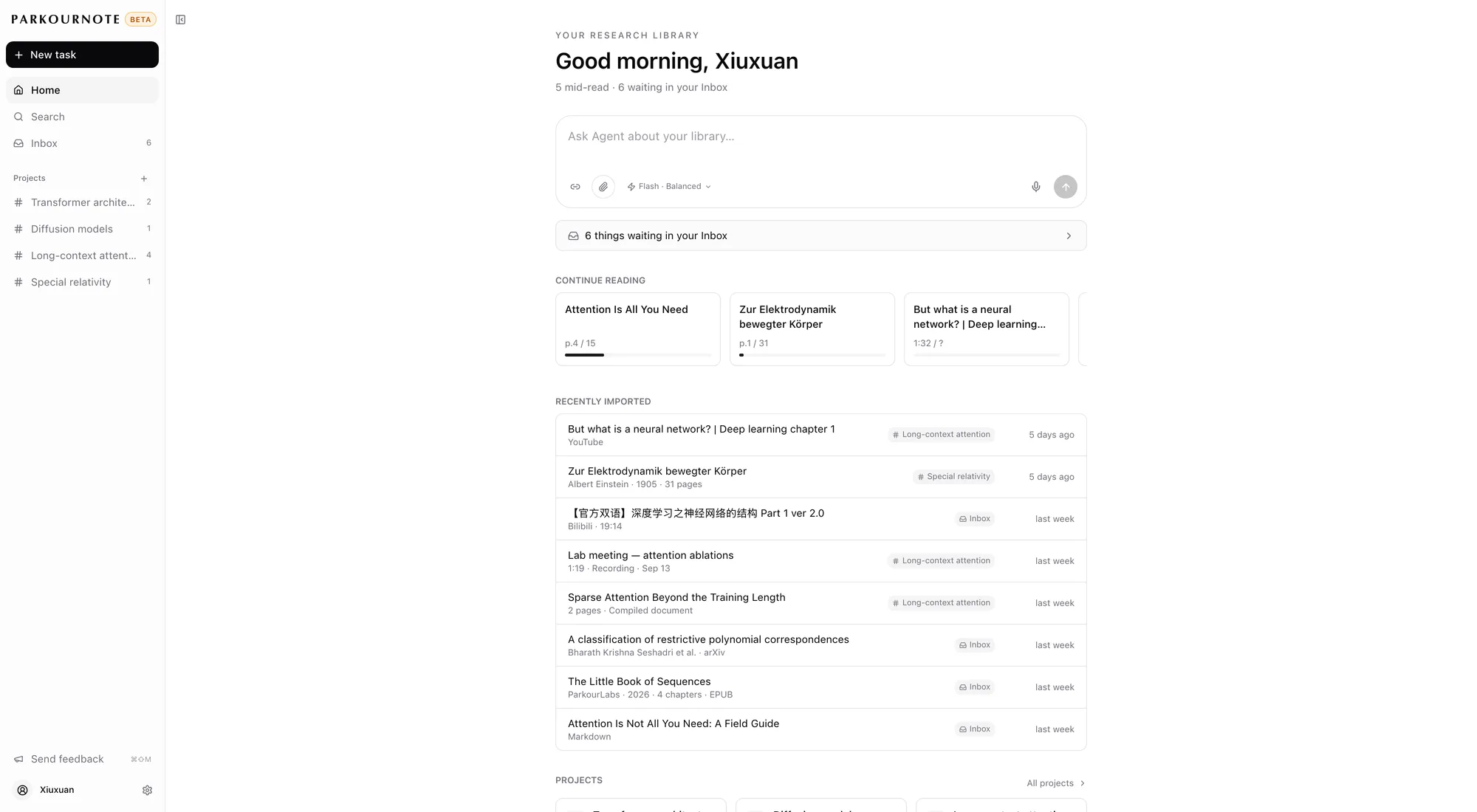 The ParkourNote library: an inbox of newly imported items — papers, a book, a clipped page — and projects down the side