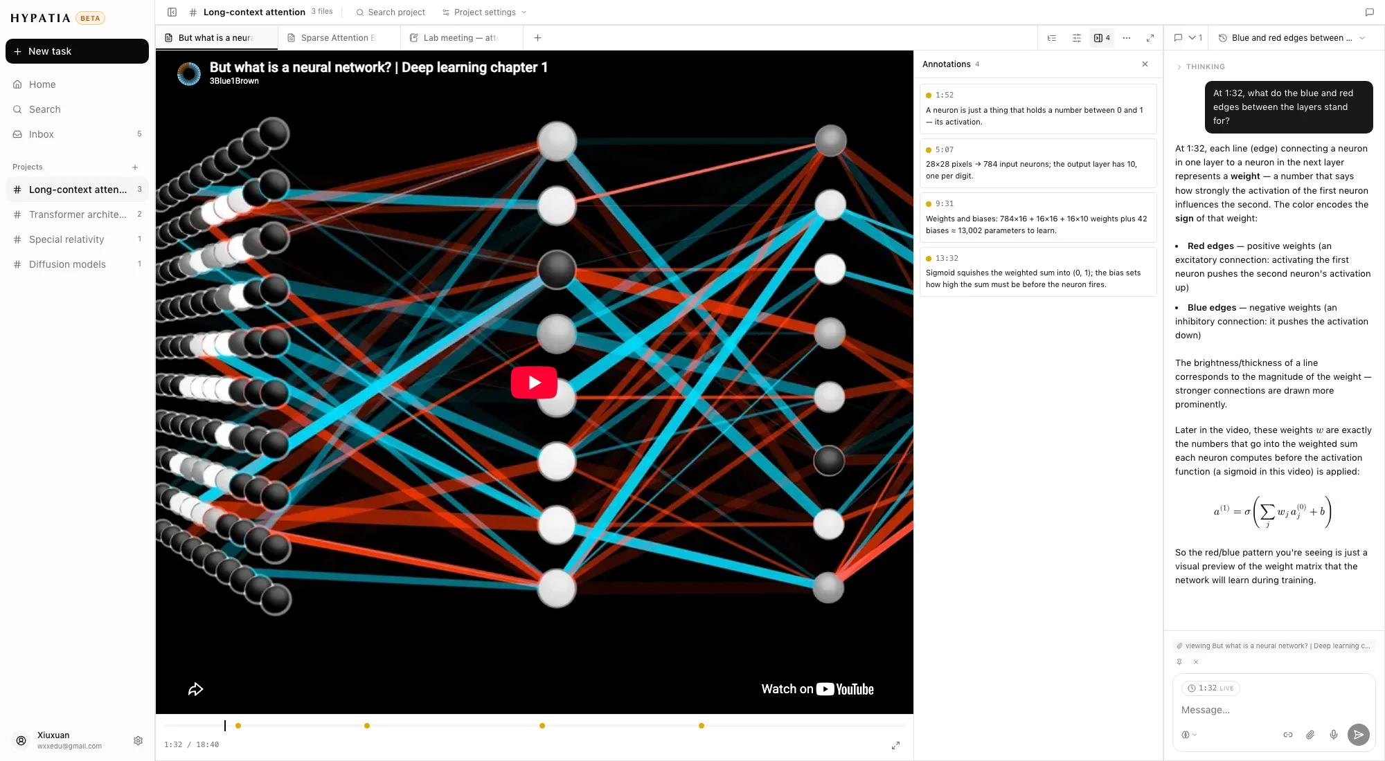 A lecture video open in the reader with notes beside it, each note anchored to a time in the video