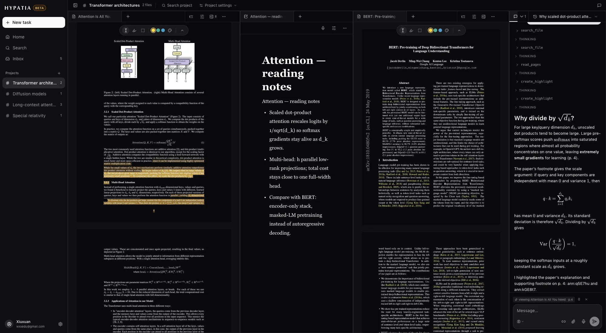 A tiled ParkourNote workspace: two papers, a note document and the project chat arranged side by side