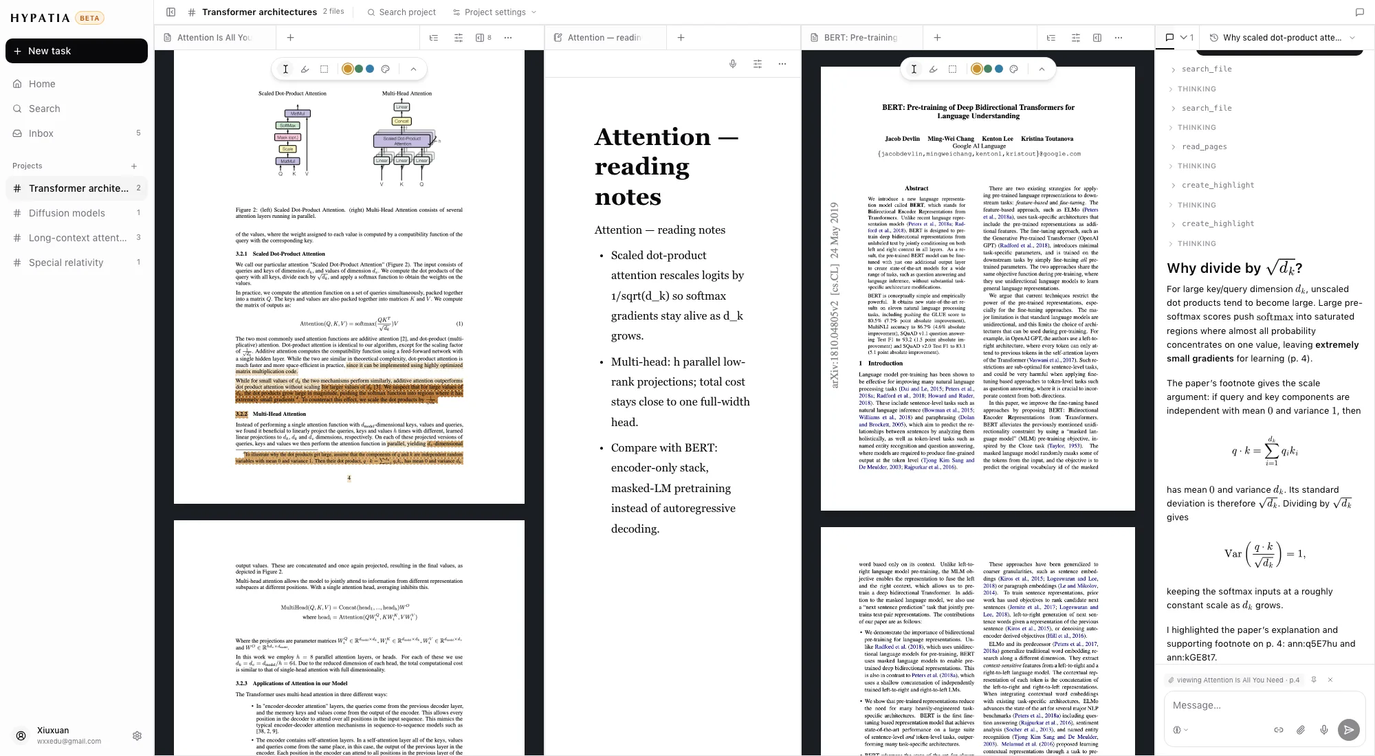 A tiled ParkourNote workspace: two papers, a note document and the project chat arranged side by side