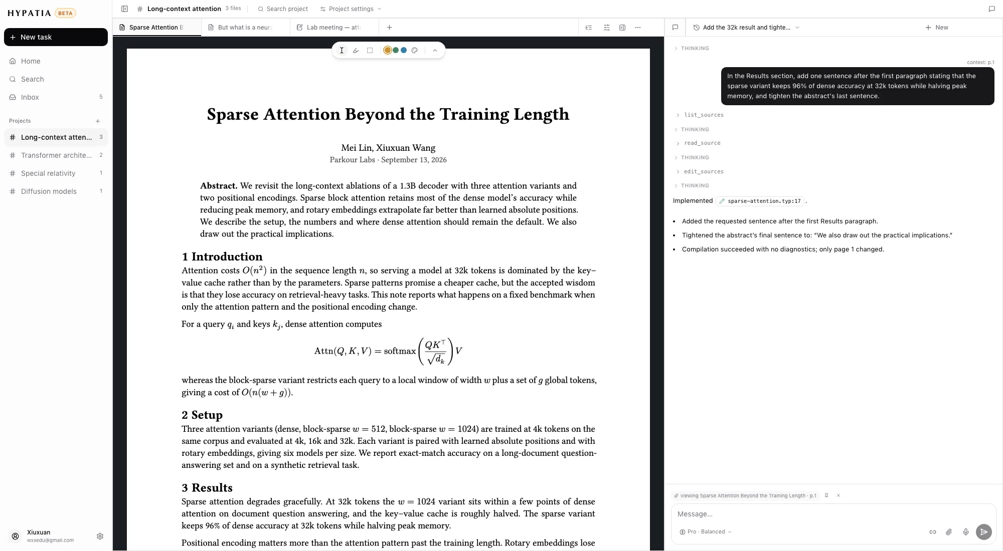 A compiled Typst paper in the reader beside a chat thread whose reply carries edit chips for the passages it changed