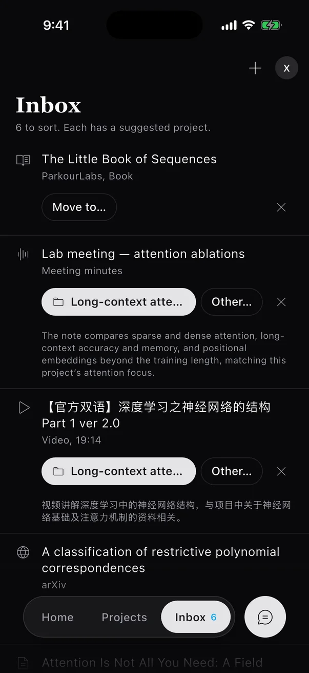 The iPhone Inbox with a suggestion for each import