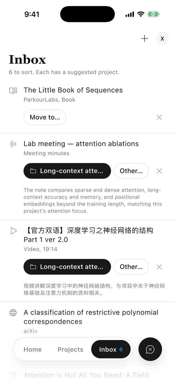 The iPhone Inbox with a suggestion for each import