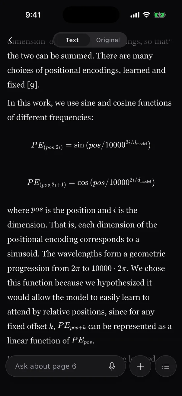 The iPhone reader showing a paper's transcription with formulas