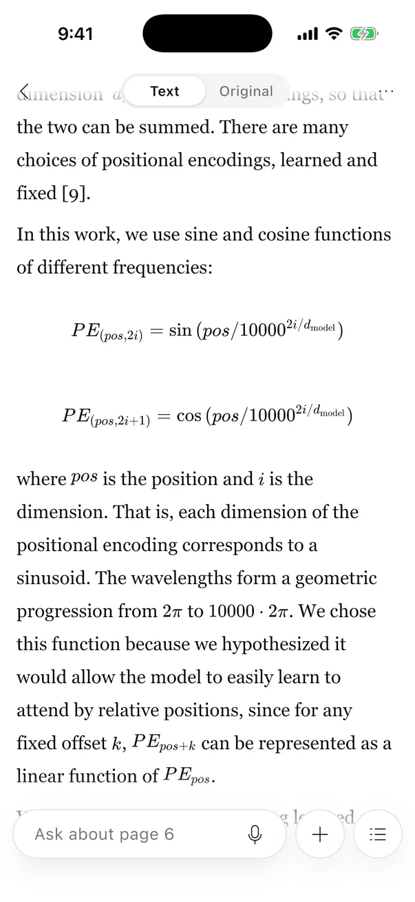 The iPhone reader showing a paper's transcription with formulas